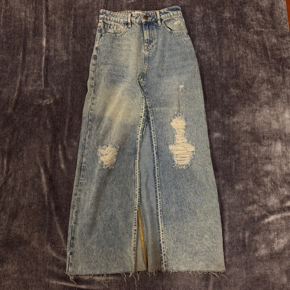 PTCL Ethical Clothing Denim Maxi Skirt Light Wash Distressed High Slit XS 27W